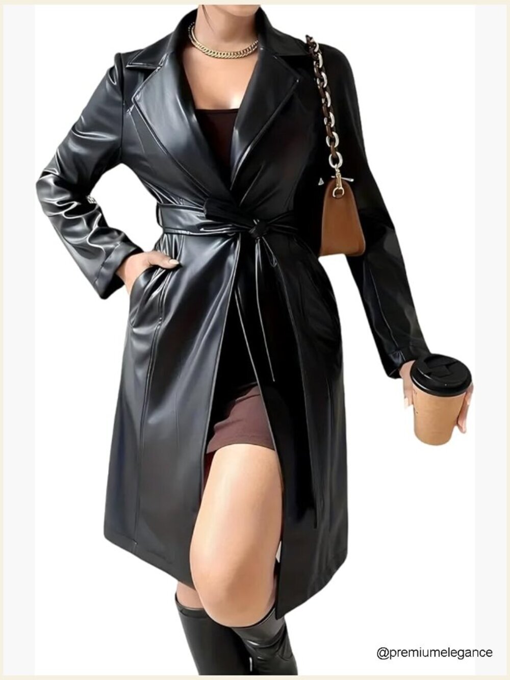 Long Leather Trench Coat with Belt Long Sleeve Moto Jacket